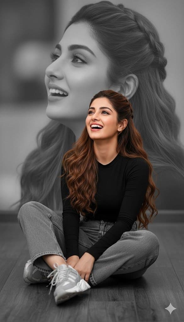 پرتره سینمایی زن در انعکاس عکس خودش